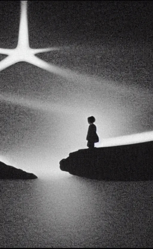 Image similar to light coming out of one starfish - like kaiju anthropomorphic monster, korean film noir by kim jong - il, korean traditional palace, pyongyang city, 1 9 6 0 s, red color bleed, 4 k, video compression, video glitch, monochrome, akira kurosawa, mamoru oshii, wes anderson, stanley kubrick