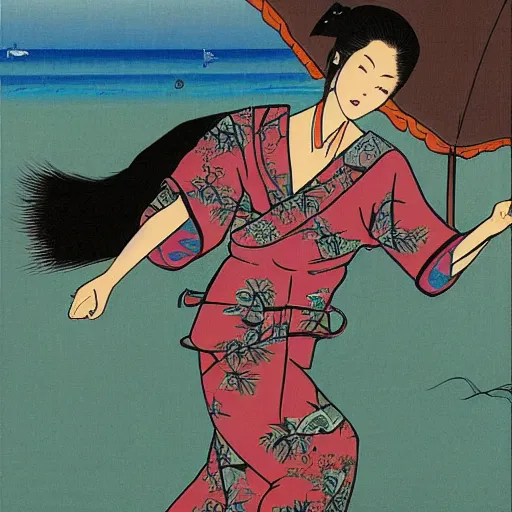 Image similar to Beautiful Japanese woman running from an old samurai on the beach Toshio Saeki, high detailed