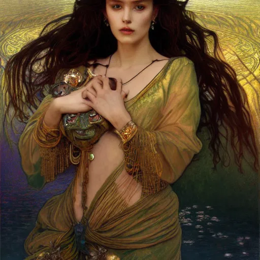 Image similar to portrait of a beautiful alluring female goddess wraith in a glowing lake, detailed, centered, digital painting, artstation, concept art, donato giancola, Dante Gabriel Rossetti, alphonse mucha, Joseph Christian Leyendecker, WLOP, Boris Vallejo, Breathtaking, 8k resolution, extremely detailed, beautiful, establishing shot, artistic, hyperrealistic, beautiful face, octane render