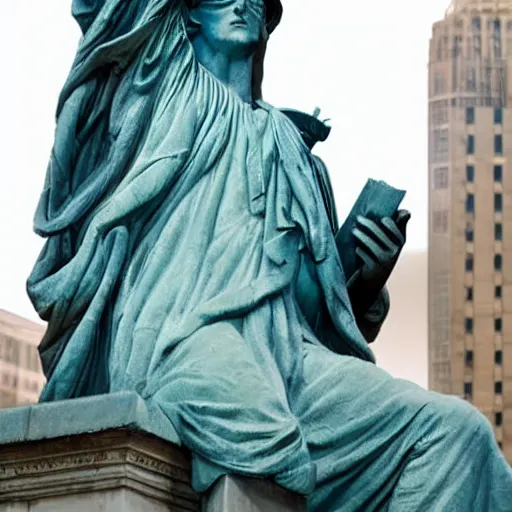 Image similar to liberty statue sitdown pose, very convincing , the best image