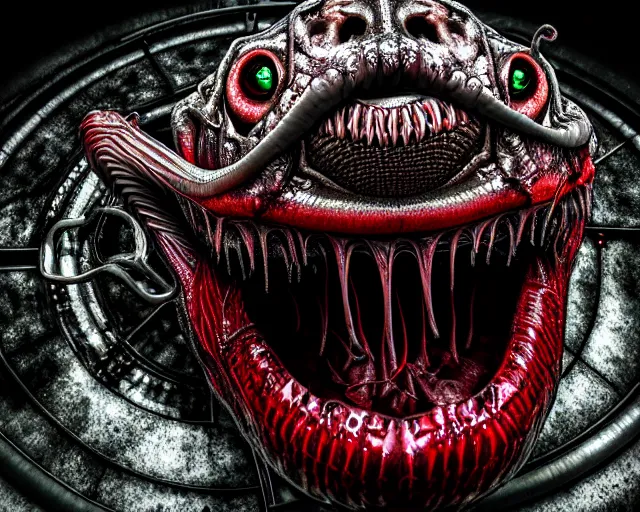 Image similar to realistic long textured tongue demon wet humanoid alien, smoke, mouth in mouth, large alien eyes, metallic reflective fangs dripping greenish acid saliva from teeth, thin red veins, intricate grey fish scales, ornate, cinematic light shadows, reflections, crawling in a wet sewer pipe, dim flashlight lighting, insanely detailed, fisheye lens
