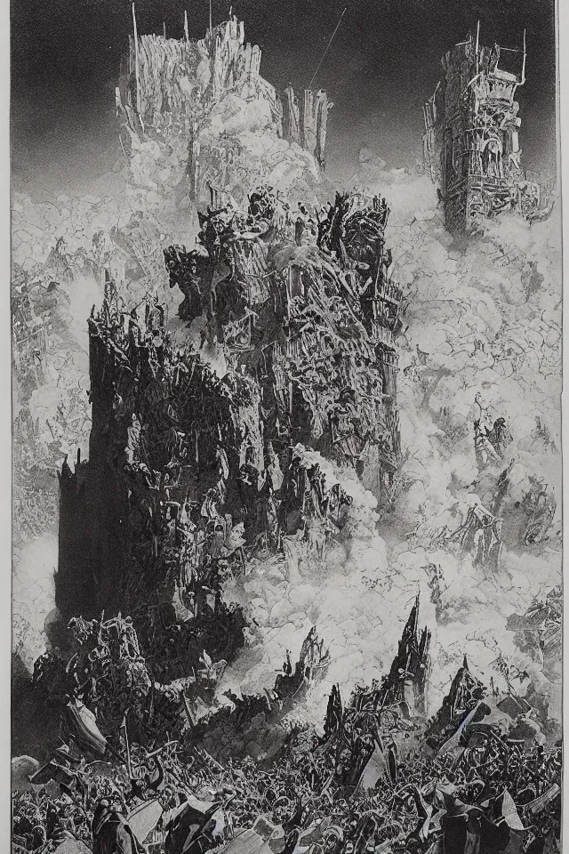 Image similar to artwork by Franklin Booth showing the fall of the tower of Babylon, explosion, smoke, moonshine