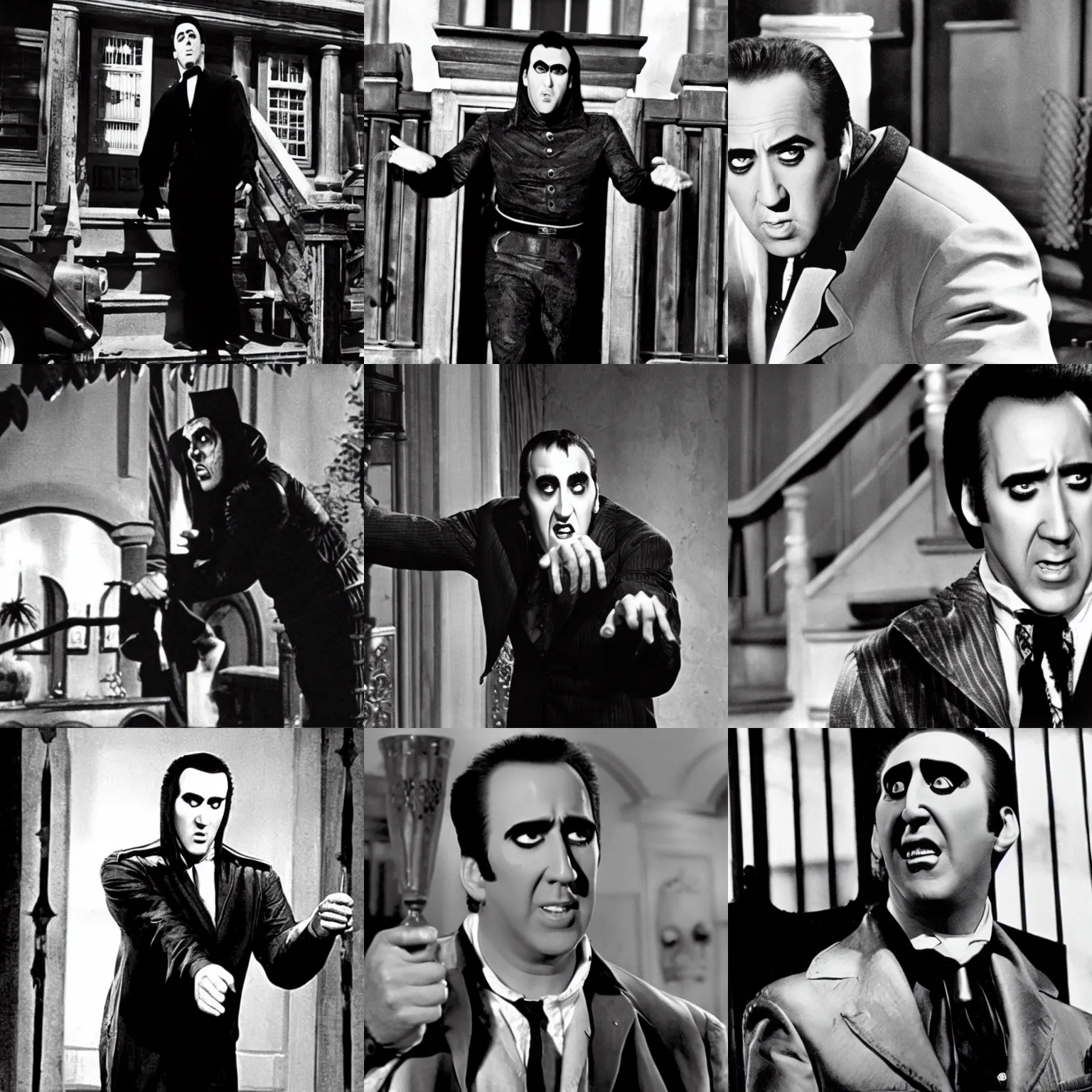 Prompt: Movie still of Nicolas Cage in The Munsters (1964)