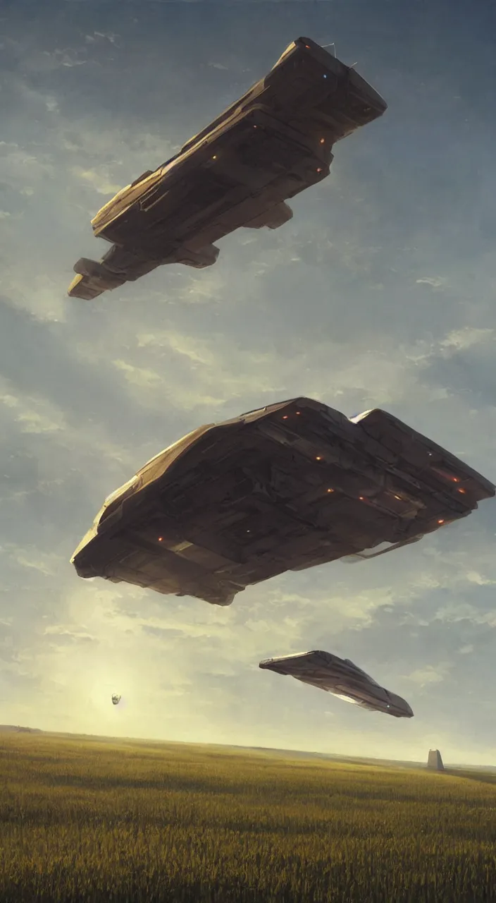 Image similar to wide shot of a tall and thin monolithic spaceship hovering in the air 6 feet above a cornfield, late afternoon, golden hour, highly detailed, smooth, sharp focus, concept art by greg rutkowski and stanley lau and syd mead