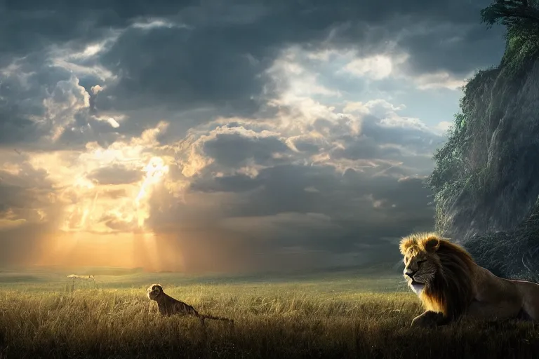 Image similar to tarkovsky scene, hyper realistic, ambient lighting, concept art, intricate, hyper detailed, smooth, dynamic volumetric lighting, octane, raytrace, cinematic, high quality, high resolution, 4 k, film grain, lion king