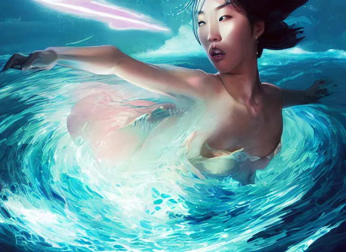 Image similar to seductive lee jin - eun running on water at super speed, emerging from multiversal galactic portal, splashes of lightning behind her, zooming past a small island, by ilya kuvshinov and peter mohrbacher and ruan jia, and m. k. kaluta, rule of thirds, coherent symmetry, masterpiece, beautiful, majestic, beautiful eyes