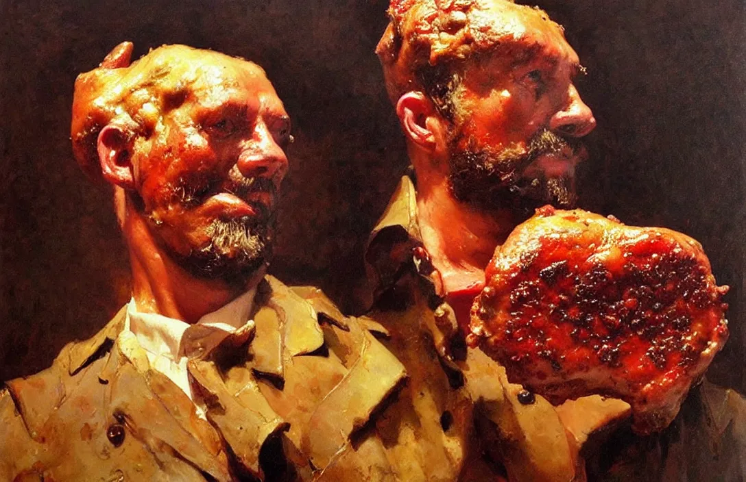 Image similar to a pork chop!!!!!!!!!!!!!!!!!!!!!!!!!!!, detailed face, detailed painting, epic lighting, by ilya repin, phil hale and kent williams