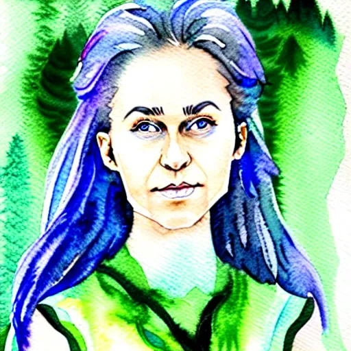 Image similar to a beautiful and very detailed character concept watercolour portrait of sanna!!!!! marin!!!!!, the young female prime minister of finland as a druidic wizard