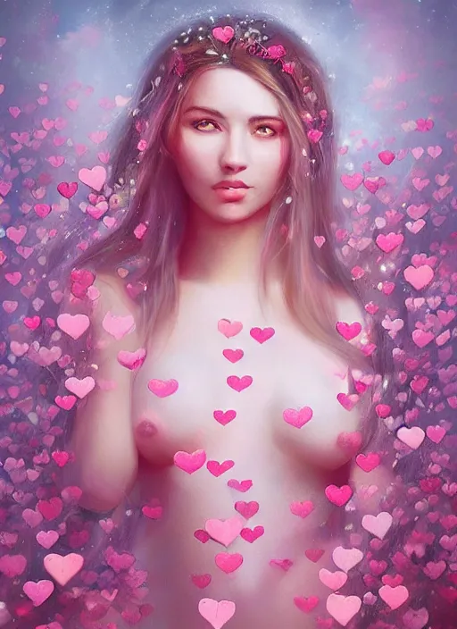 Prompt: a beautiful portrait of a beautiful woman surrounded by pink hearts and love, matte painting, fantasy art