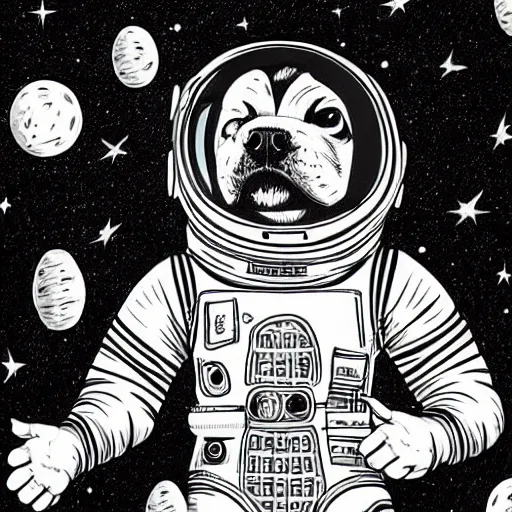 Prompt: mcbess illustration of a dog in a spacesuit In space , cinematic, hyper realistic, photo realistic, 4k, galaxies