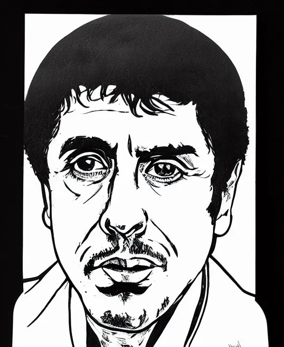 Image similar to headshot portrait. tony montana from movie scarface 1 9 8 3. al pacino, perfect symmetric face, coherent eyes, fine details., 4 k, red and black ink paint