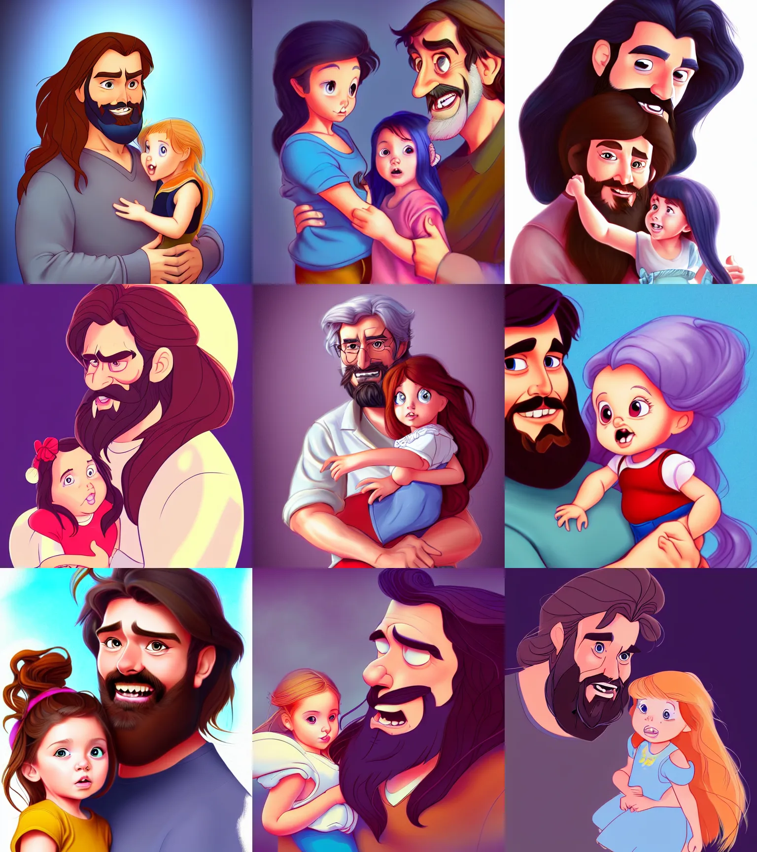 Image similar to a long - haired bearded father and his child toddler girl full color digital illustration in the style of don bluth, artgerm, artstation trending, 4 k