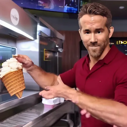 Prompt: ryan reynolds serving you soft serve ice cream from mcdonalds, 4K Hyperdetailed