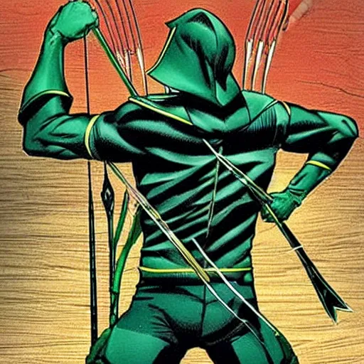 Image similar to The Green Arrow action pose, view from behind looking over shoulder, drawing an arrow from his quiver, comic book cover style