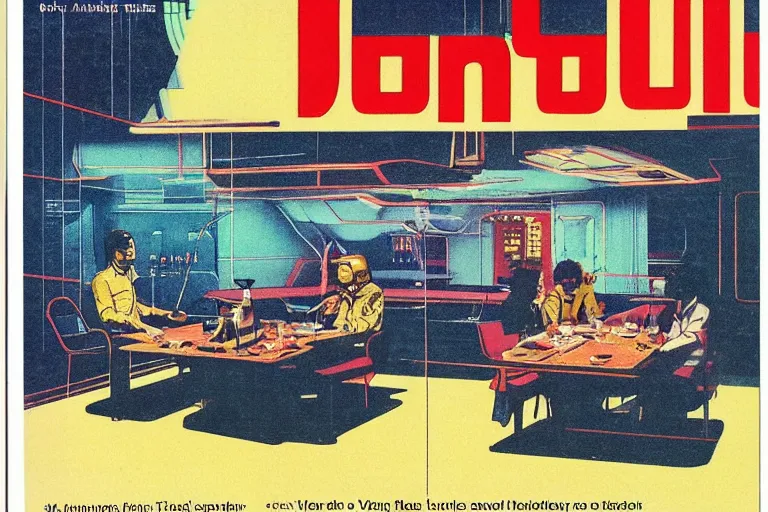 Image similar to 1979 OMNI Magazine Cover of an underground meeting around a table. On the table are blueprints of a robot. Location in neo-Tokyo in cyberpunk style by Vincent Di Fate