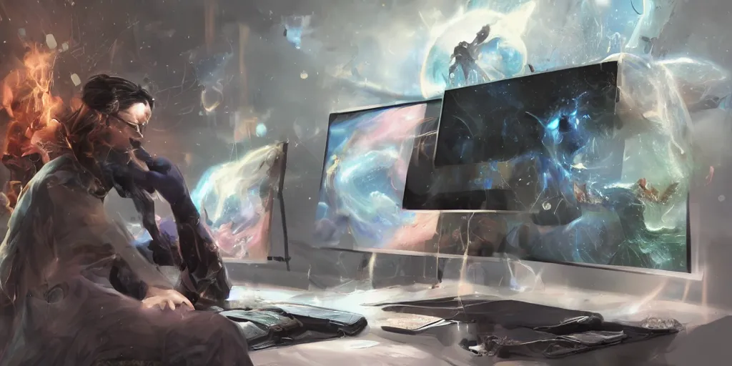 Prompt: a young mage creating a universe in his pc, a male mage in his 2 0 s with black hair sitting in front of wide monitor. hyperrealistic, extremely detailed, award - winning art, trending on artstation