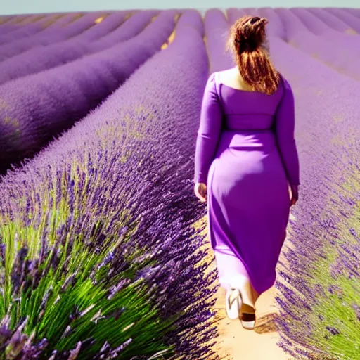 Image similar to a beautiful woman walking through a lavender field , cinematic, 8k, glowing