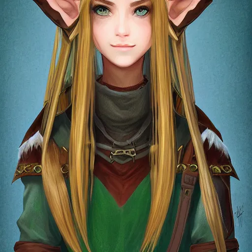 Image similar to portrait, 30 years old women :: fantasy elf :: amber eyes, long straight darkblond hair :: attractive :: green and brown medieval cloting, natural materials, backpack :: high detail, digital art, RPG, concept art, illustration