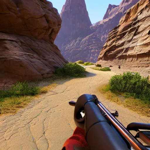 Image similar to pathway canyon in between mountains, unreal engine, high detail, realism, award winning, detailed lighting