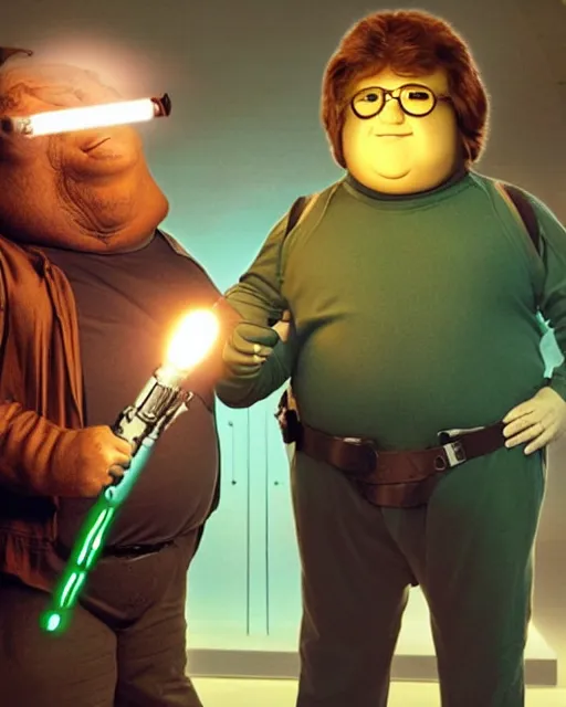 Image similar to Studio Photograph of a real life Peter Griffin from Family Guy dressed as Han Solo and Holding a glowing light saber, while standing next to him is the Alien Greedo holding a blaster gun, both photographed in the Style of Annie Leibovitz,