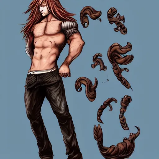 Image similar to well built man, rusty colored long hair, anime, high details,