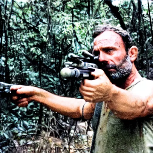 Prompt: film still, medium shot, rick grimes, jungle, vietnam door gunner, apocalypse now, associated press,, 2 6 mm, kodak ektachrome, blue tint expired film