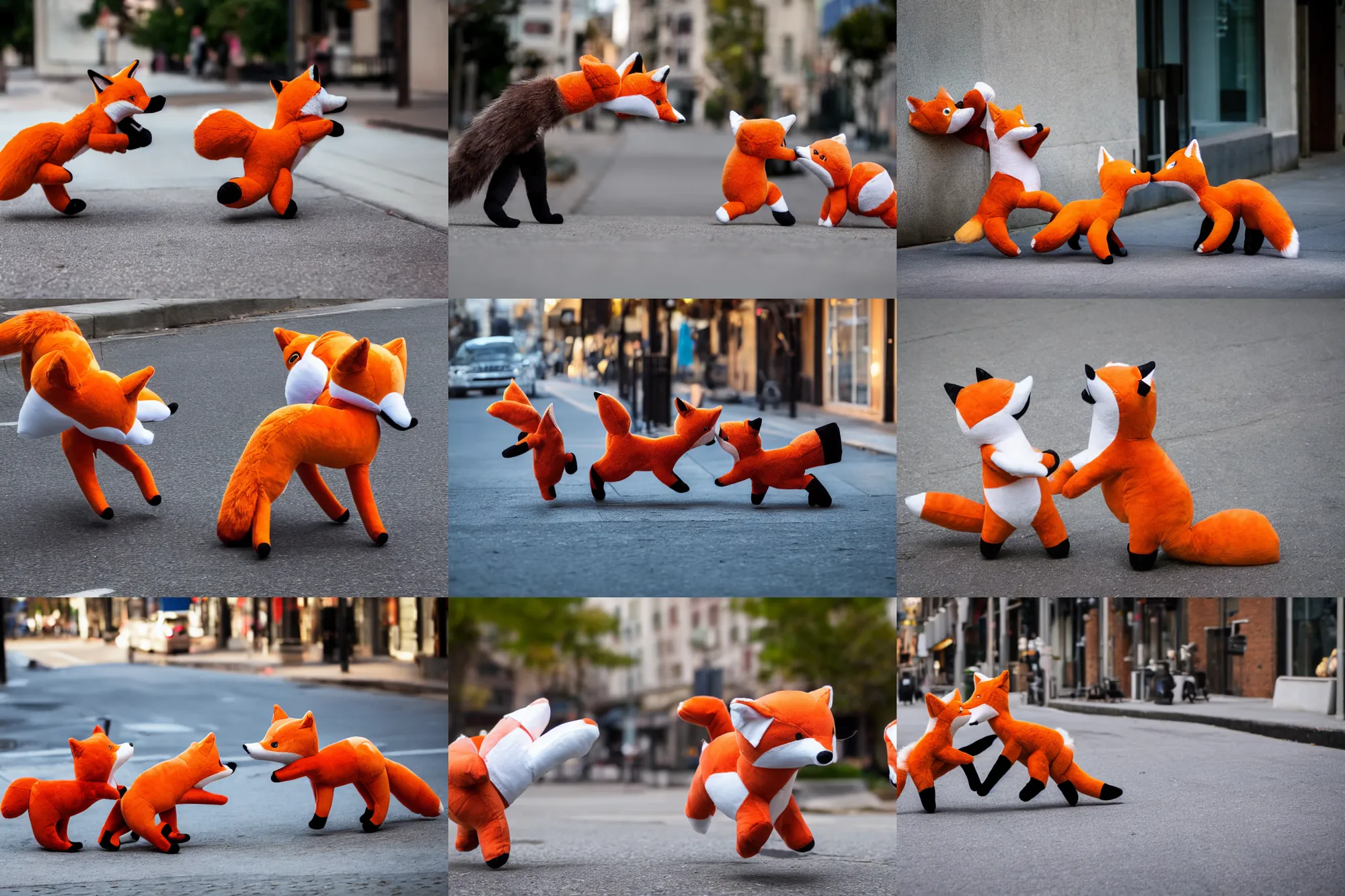 Prompt: Two fox plushies fighting and screaming at each other on the sidewalk, dynamic, motion blur, 1/4 shutter speed, award winning photography