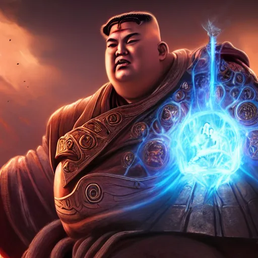 Image similar to portrait of kim - jong un as buddha, league of legends amazing splashscreen artwork, gears of war, splash art, natural light, elegant, photorealistic facial features, intricate, fantasy, detailed face, atmospheric lighting, anamorphic lens flare, cinematic lighting, league of legends splash art, hd wallpaper, ultra high details by greg rutkowski