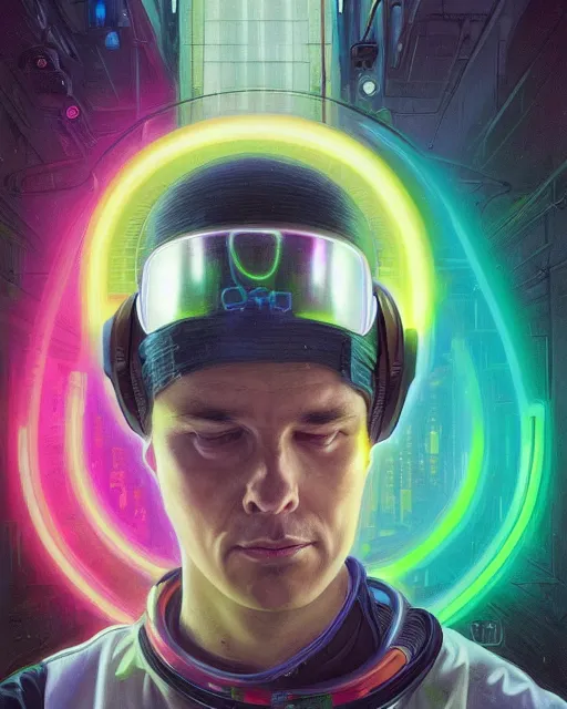 Prompt: future coder looking on, glowing visor over eyes and sleek neon headphones, neon accents, desaturated headshot portrait painting by donato giancola, dean cornwall, rhads, tom whalen, alex grey, alphonse mucha, astronaut cyberpunk electric fashion photography big nose, stuble