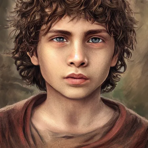 Prompt: a detailed portrait of a medieval ten year old boy, he has short curly brown hair, brown eyes and white skin, fantasy art illustration, incredibly highly detailed and realistic, 8 k, sharp focus