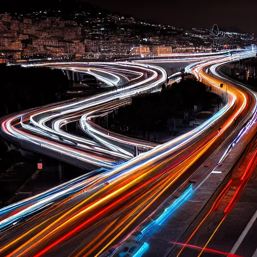 Image similar to long exposure of the cars in genoa at night. genova. street. night. neon lines. cars. nostalgic.