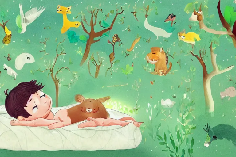 Prompt: a beautiful illustration of a little cute boy on his bed dreaming about a beautiful green forest with lots of different animals, detailed face, beautiful colors, digital art