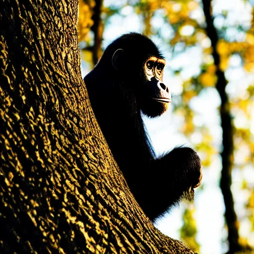 Prompt: portrait photo, rim light around fur of an ape on a tree, silhoutte, dim light, golden hour, tree top, dslr award winning photo, nikon