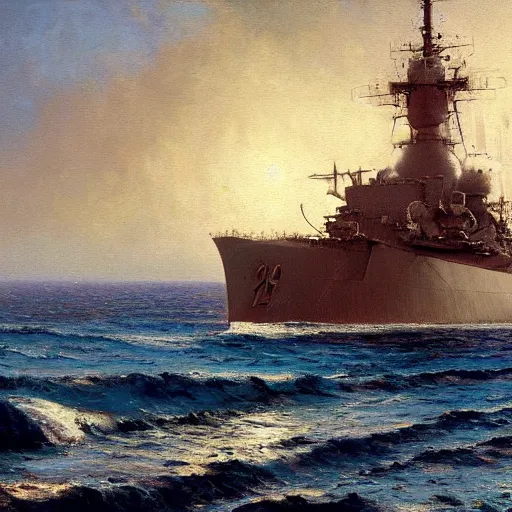 Image similar to detailed cinematic wide shot of world war 2 battleship, ultra realistic, spring light, painting by gaston bussiere, craig mullins, j. c. leyendecker