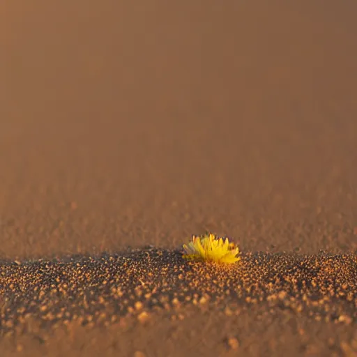 Prompt: a single small pretty desert flower blooms in the middle of a bleak arid empty desert, in the background a large topaz crystal sticks halfway out of the sand, sand dunes, clear sky, low angle, dramatic, cinematic, tranquil, alive, life.