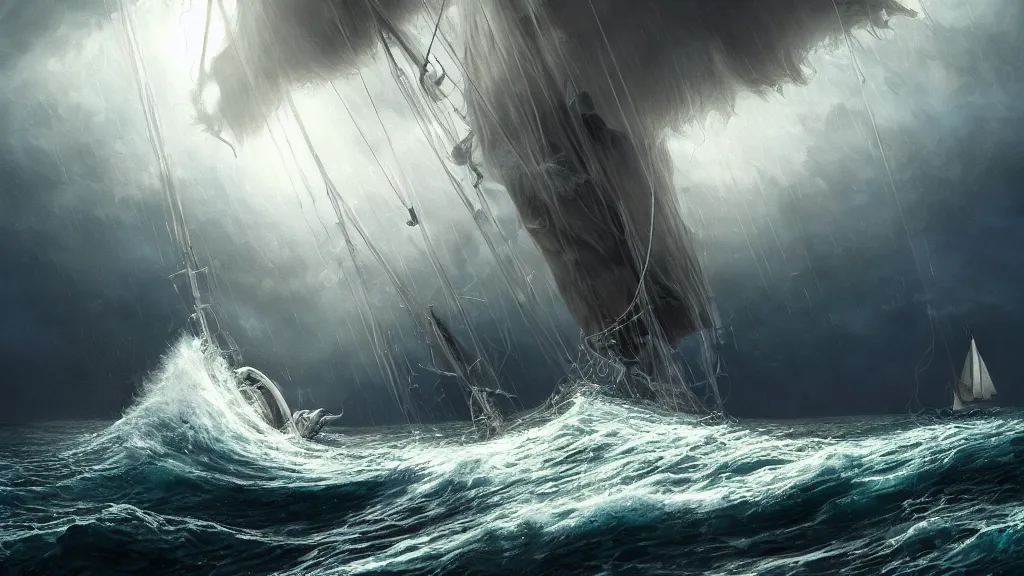 Prompt: a gigantic rat bursting out of a stormy sea attacking a small sail boat, wet fur, giant waves, sunbeams in background, intricate, detailed, volumetric lighting, sharp focus, scenery, photorealism, digital painting, highly detailed, concept art, by by aleski briclot and alexander'hollllow'fedosav and laura zalenga