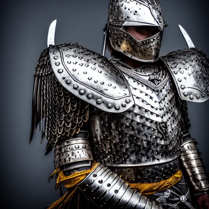 Prompt: photo of a warrior with metal eagle themed armour, highly detailed, 4 k, hdr, smooth, sharp focus, high resolution, award - winning photo