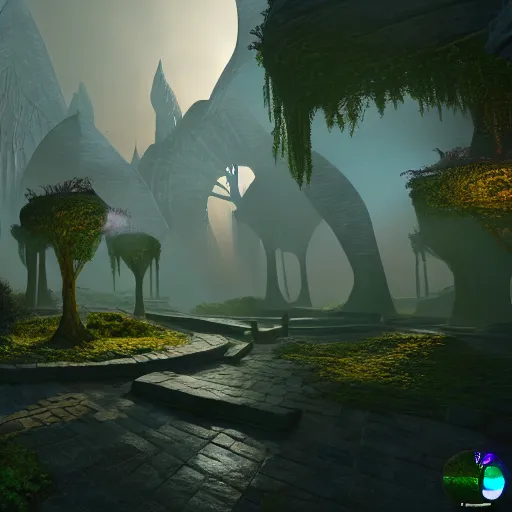 Image similar to inside a ethereal magical elven city, 8k, HDR, cinematic, volumetric lighting, unreal engine 5