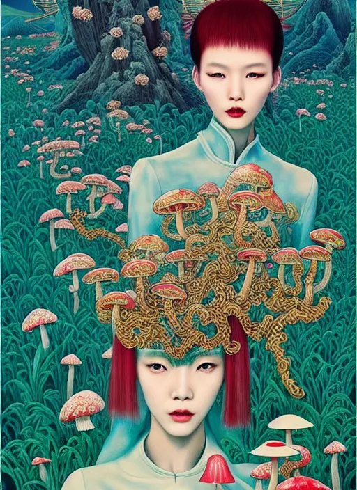 Image similar to pretty chinese model with hallucination mushroom : : by martine johanna and simon stalenhag and chie yoshii and casey weldon and wlop : : ornate, dynamic, particulate, rich colors, intricate, elegant, highly detailed, vogue, harper's bazaar art, fashion magazine, smooth, sharp focus,