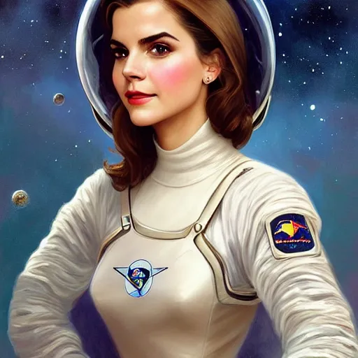 Image similar to A combination of Victoria Justice's and Grace Kelly's and Emma Watson's appearances as an astronaut, full body portrait, western, D&D, fantasy, intricate, elegant, highly detailed, digital painting, artstation, concept art, matte, sharp focus, illustration, art by Artgerm and Greg Rutkowski and Alphonse Mucha