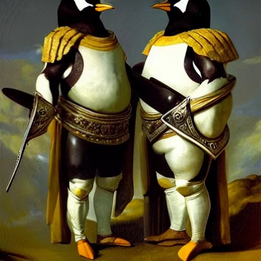 Image similar to penguins are dressed in conquistador armor and are standing in ancient rome, francisco goya, artstation, fine art