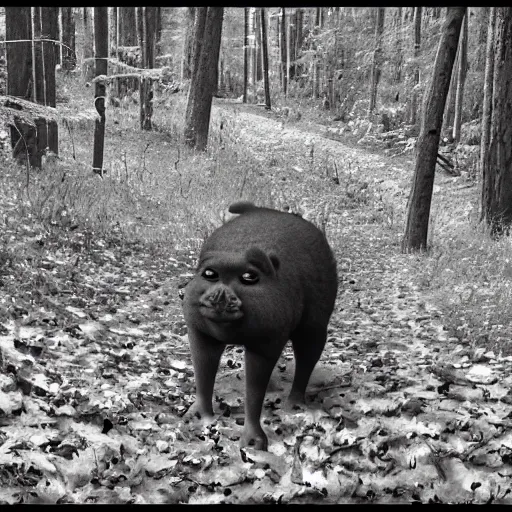 Image similar to shrek b & w trail cam, scary, found footage