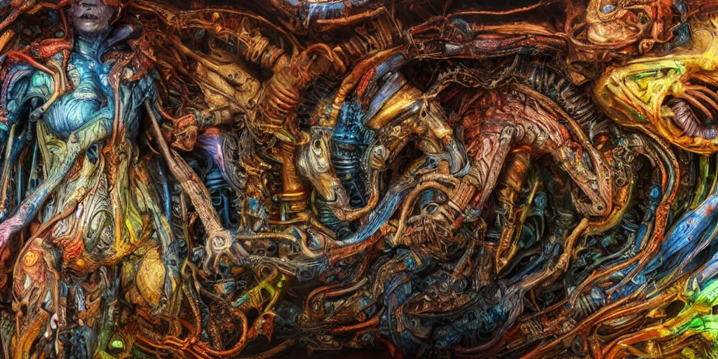 Image similar to dreamscape, giger, vivid colors, colorful, anatomical, highly detailed sculpture, intricate detailed, ommatidia, 8 k, cinematic atmosphere, post - processing