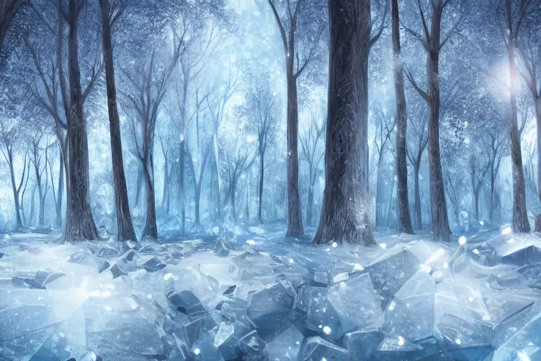 Prompt: wall made of ice, dividing a wintery forest, fantasy, digital art, trending on artstation