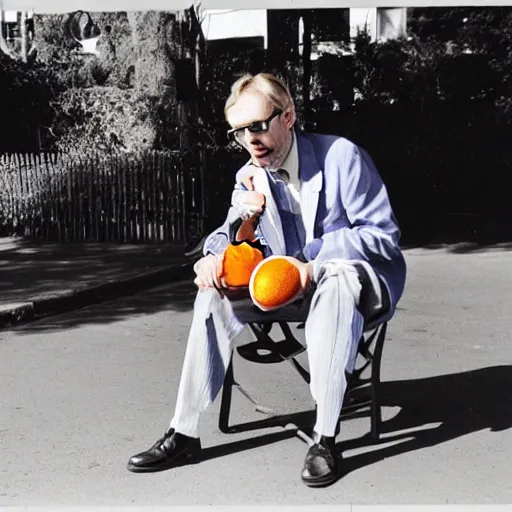 Image similar to hugh hopper on a street corner eating sipping diet pepsi, oranges at his feet