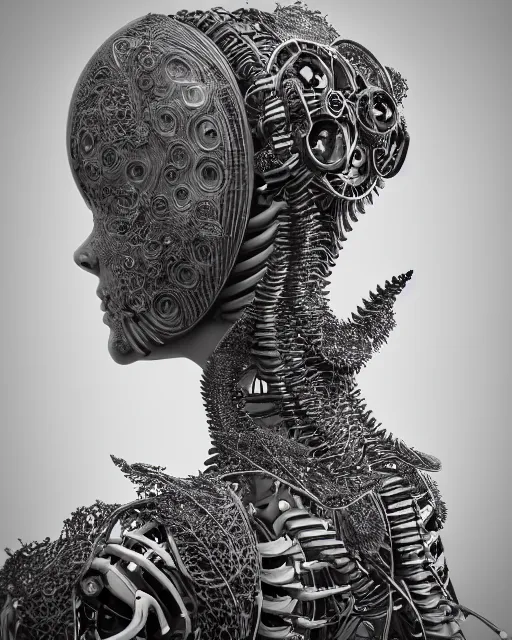 Image similar to mythical black and white organic bio-mechanical spinal ribbed profile face portrait detail of mechanical beautiful female angelic-vegetal-cyborg, highly detailed, intricate steampunk ornate, poetic, 3D render, digital art, octane render, 8K artistic photography, photo-realistic, by Dora Maar