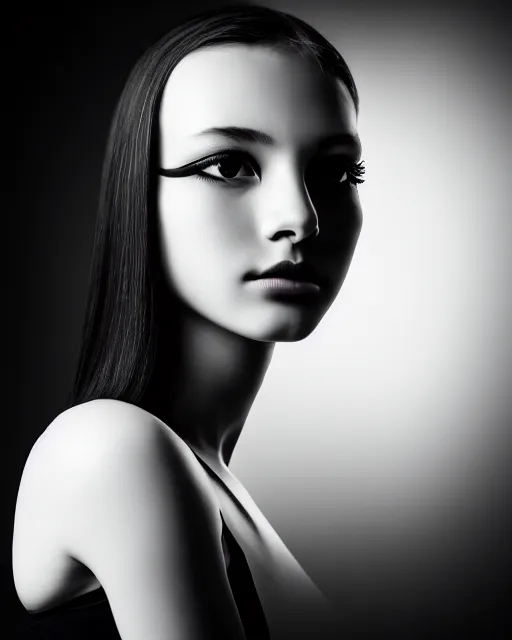 Image similar to black and white dreamy young beautiful female nuclear - cyborg high quality portrait photo, microchip skin, artificial intelligence, cinematic, rim light, photo - realistic, elegant, high detail, 8 k, masterpiece, high fashion, photo taken in 1 9 3 0