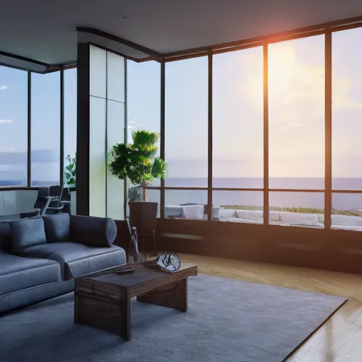 Image similar to modern luxury interior, living room with window facing the sea and sun, photorealistic, ultra - detailed, 4 k high resolution, hdr shot, unreal engine rendering 4 k