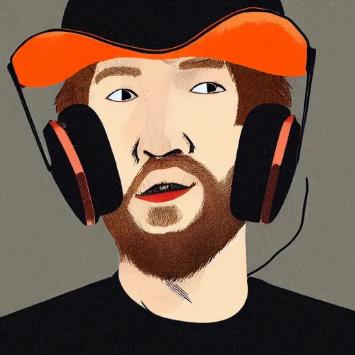 Image similar to streamer on twitch with black hat, stubble, ginger hair, orange hair, black cap, stubbles, red headphones, in the style of tatsuro kiuchi, art, abstract