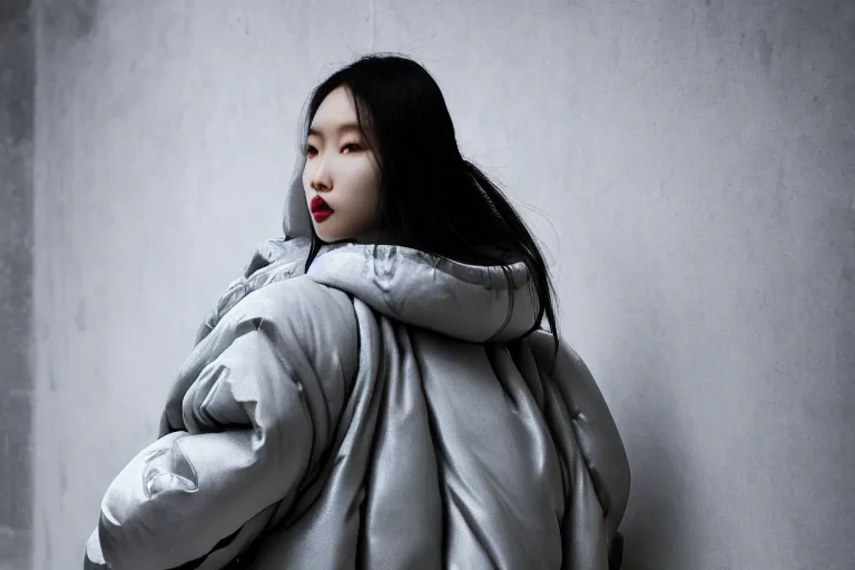 Image similar to well lit fashion shoot portrait of extremely beautiful female marble statue wearing huge over size puffer jacket by dingyun zhang, yeezy, balenciaga, vetements, a cold wall, sharp focus, clear, detailed,, cinematic, detailed, off white, glamourous, symmetrical, vogue, editorial, fashion, magazine shoot, glossy